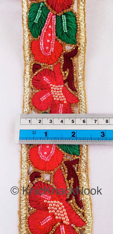 Wholesale Red, Green and Gold Hand Embroidered Cutwork Floral Trim In Seed Beads, Bugle Beads & Crystal Wedding Sari Bridal Decorative